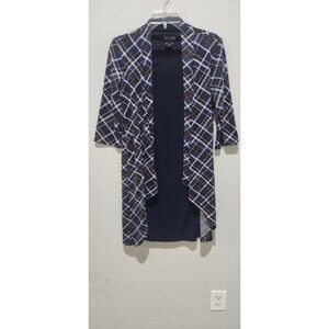 ENFOCUS Studio Womens Plaid Dress Navy Open Front Layered 3/4 Sleeve Size 4